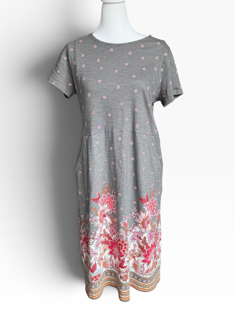 J. Jill Grey Cotton Midi Dress with Red Floral Border Sz S